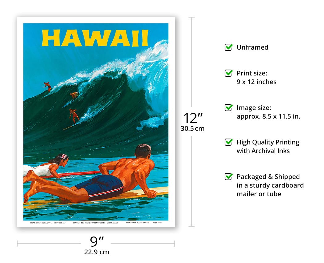 Hawaii - Big Wave Surfing - Vintage Hawaiian Travel Poster by Chas