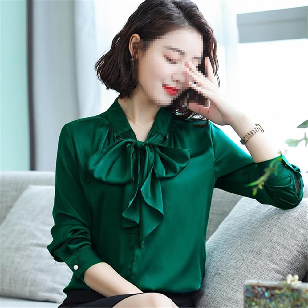 Amazon | [KOYUHHY] 女性用長袖Vネックサテンブラウス、ボウフリル