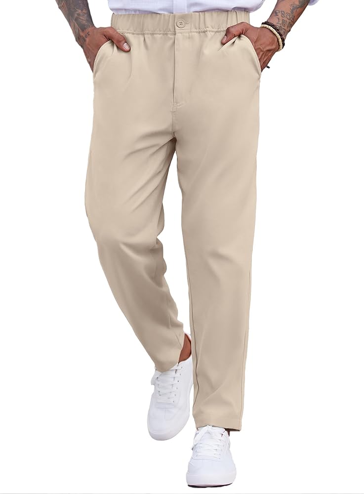 COOFANDY Mens Drawstring Pants Solid Classic Flat-Front Slacks