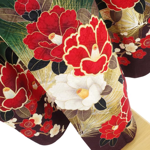 Amazon.co.jp: 振袖 着物 袷 正絹 緑 花古典柄 椿 梅 松 金銀彩加工 金