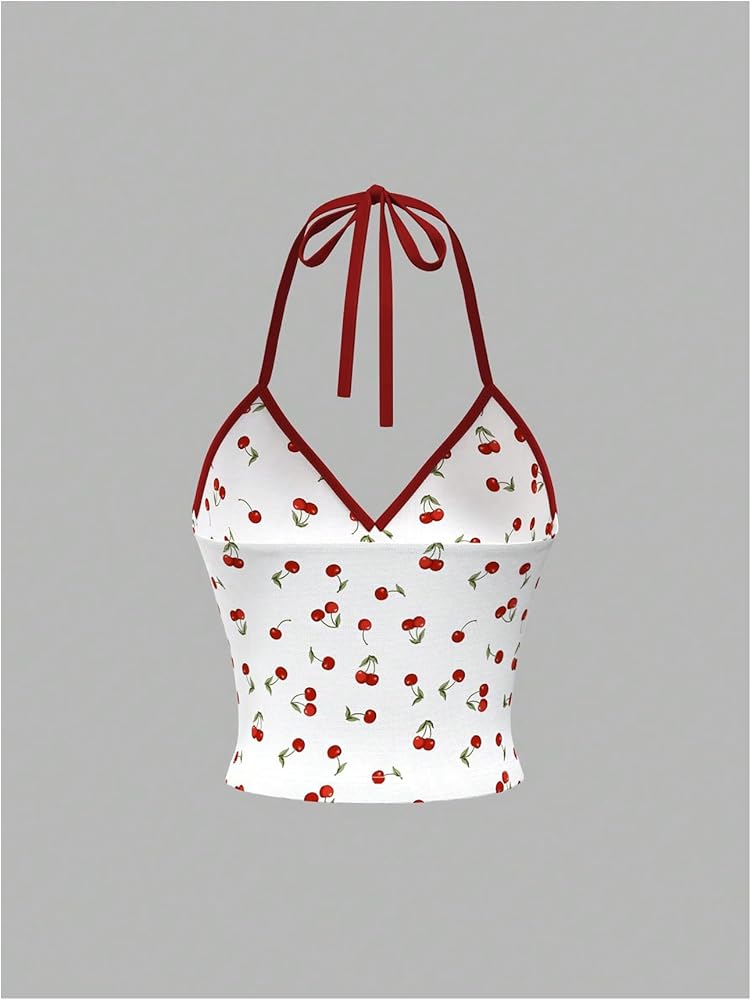 RoseSeek Women's Cherry Print Halter Camisole Tops Backless Slim