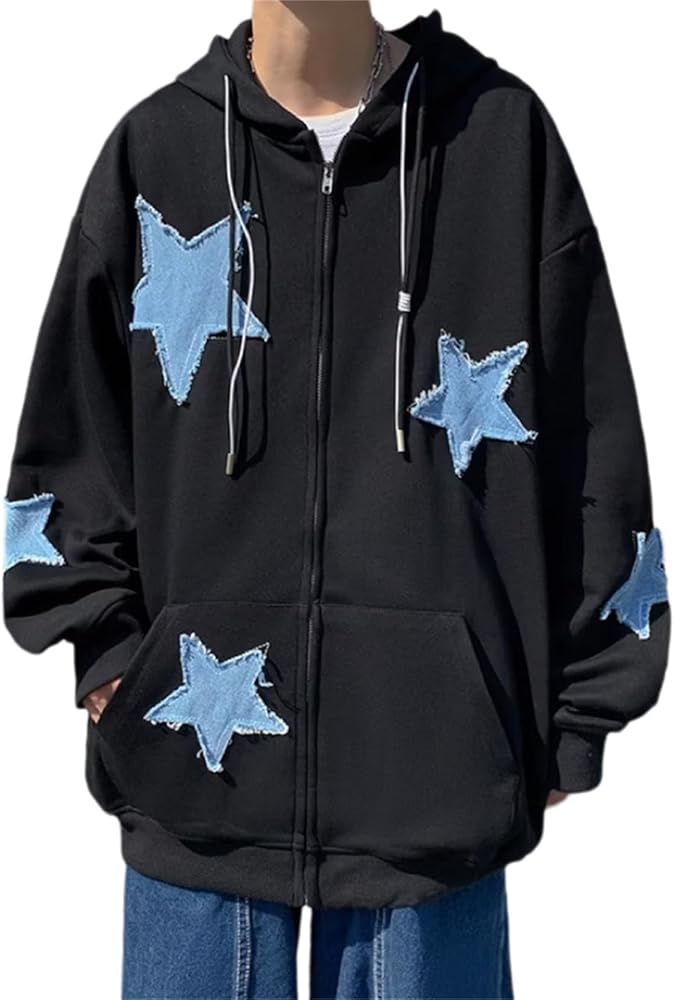 Manniduole Y2K Oversized Zip Up Hoodie Grunge Star Patch Aesthetic