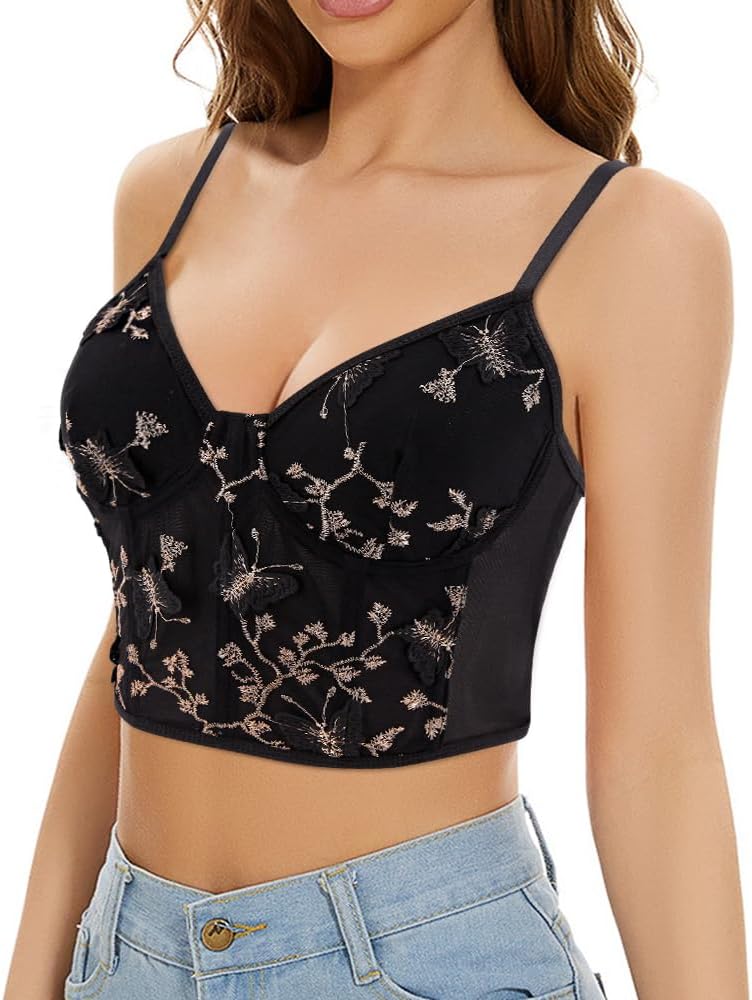 Haoohu Women's Butterfly Embroidered Corset Top Spaghetti Strap