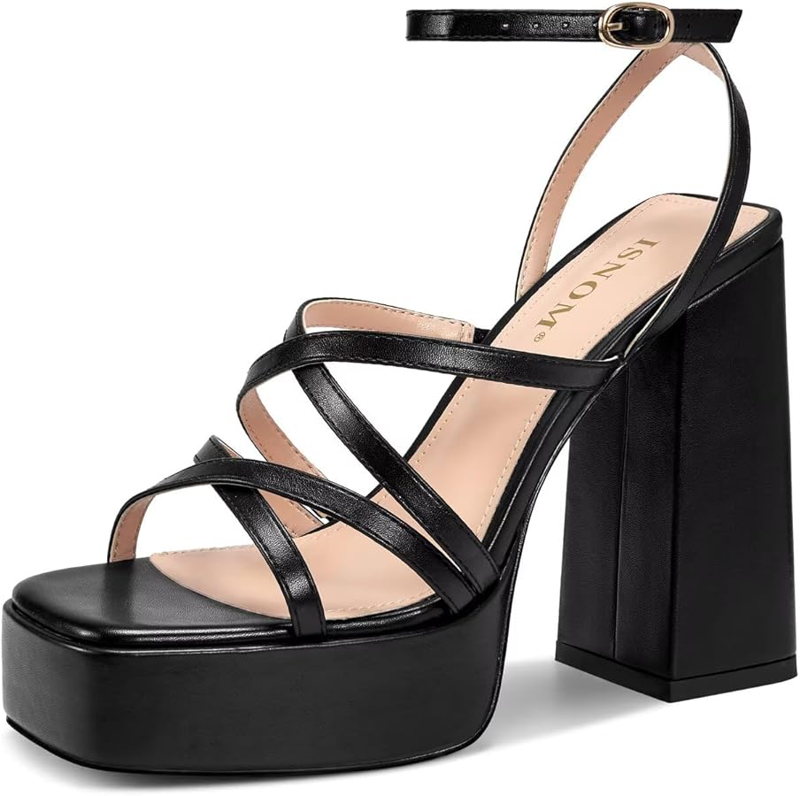 Amazon.com | ISNOM Black Chunky Platform Heels for Women - Ankle