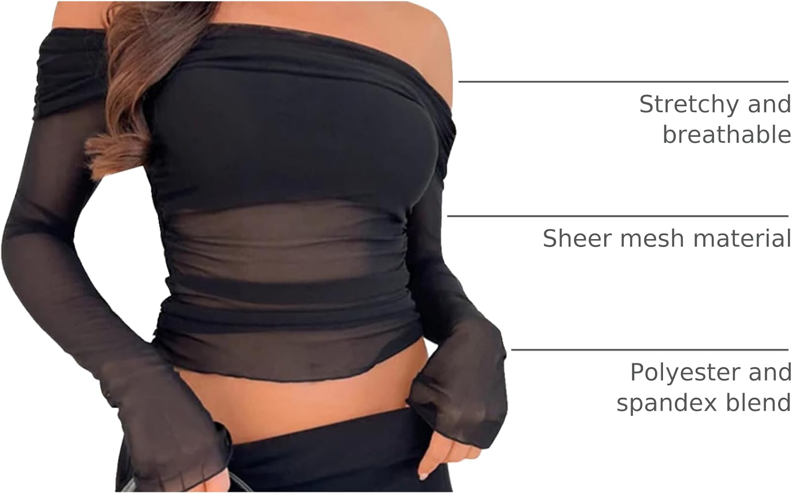 ABAFIP Women's Sheer Crop Top Ruched Ruffle Off The Shoulder Mesh