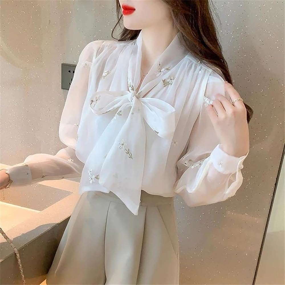 Amazon.com: Women's Bow Tie Collar Embroidery Chiffon Blouse for