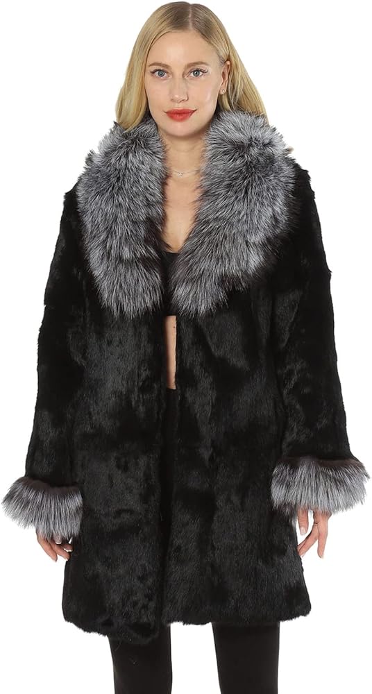 LVCOMEFF Women Real Rabbit Fur Coat with Silver Fox Fur Collar