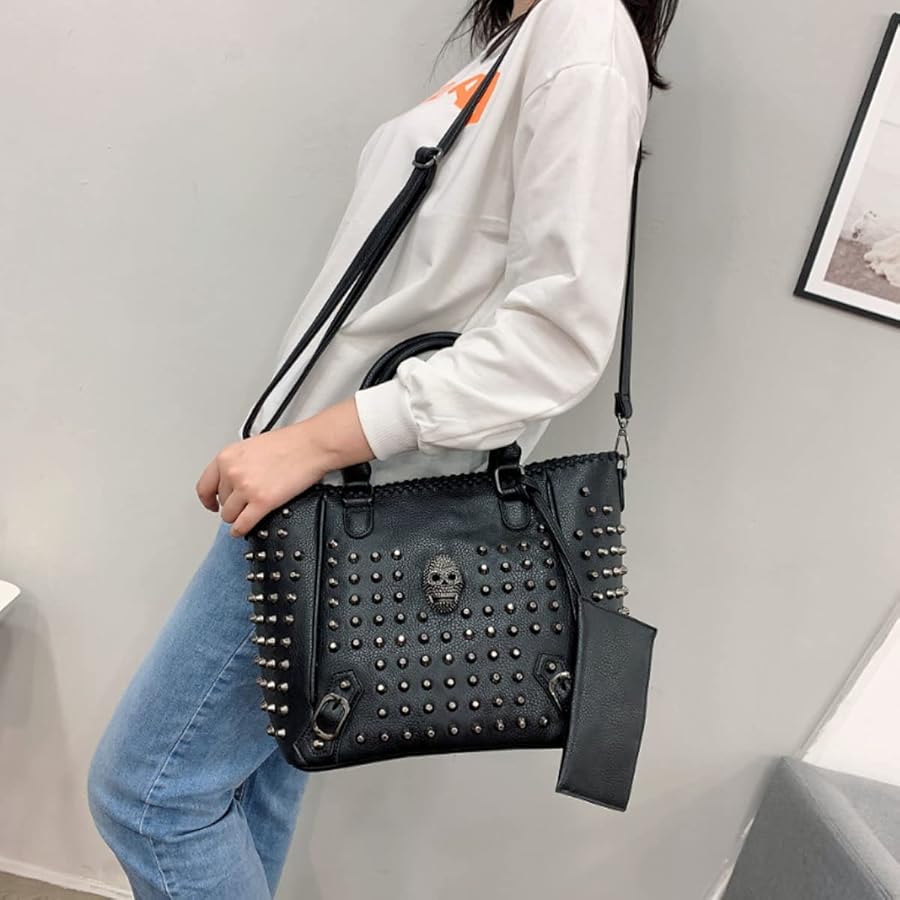 Amazon.com: KEEPOP Women Skull Tote Bag Rivet Studded Handbag PU