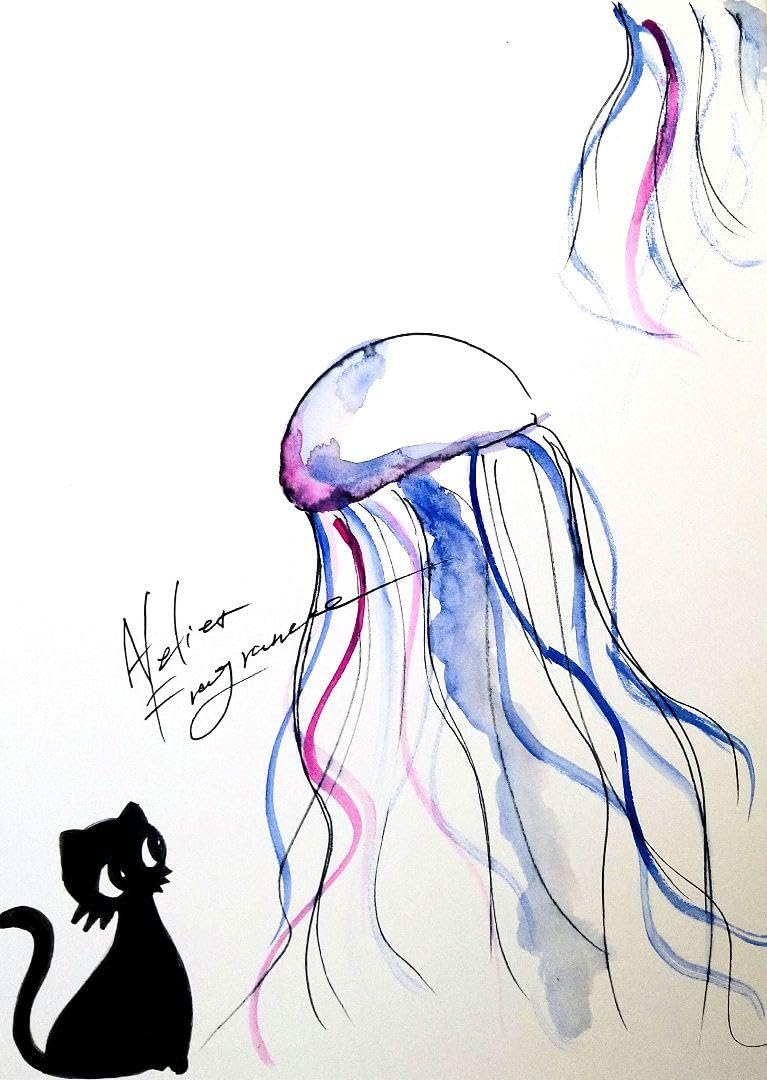 原画#3097 黒猫 猫 薔薇 花 水彩画 ドローイング インテリア アート 絵