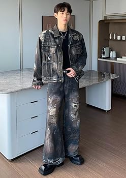 Amazon | [D.IIZOO] ヴィンテージ ダメージ加工 デニムセットアップ