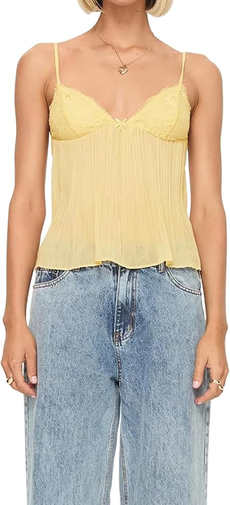 Women Sexy Y2k Frill Trim Camisole Lace V Neck Crop Top Ruffle