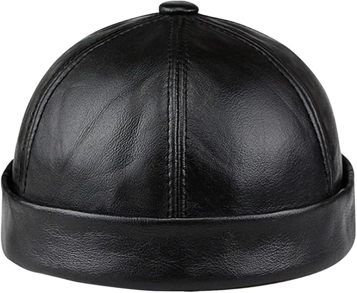 Men Genuine Leather Skullcap, Sailor Cap Hat,Rolled Cuff Vintage