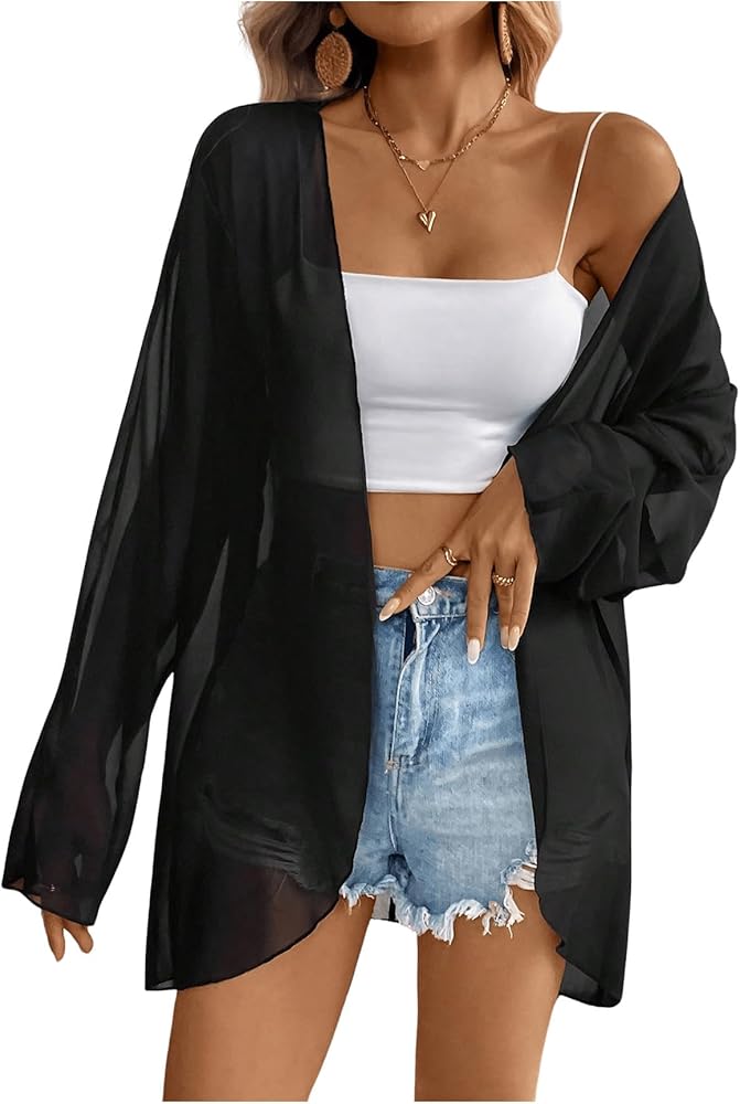 OYOANGLE Women's Chiffon Sheer Long Sleeve Open Front Cardigan See