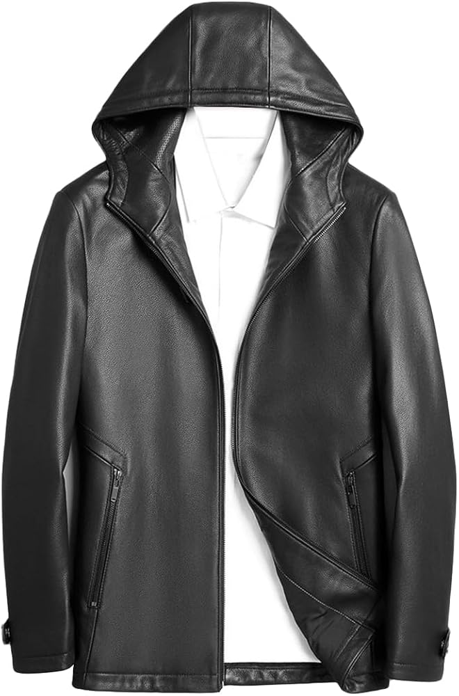 Amazon | [JINLUN] フード付きレザージャケット メンズ 山羊革 ゴート