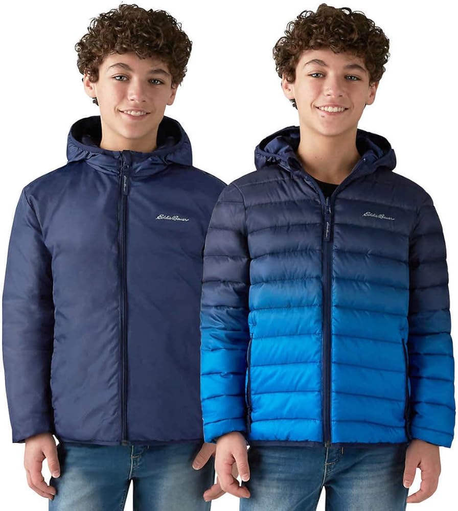 Eddie Bauer Boys Reversible Hooded Down Jacket (Blue Ombre/Peacoat