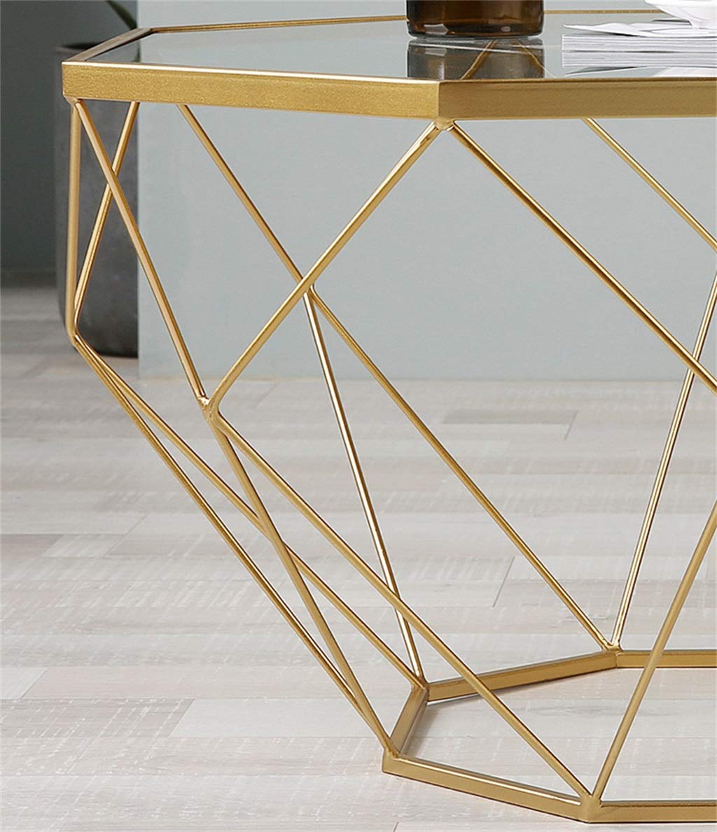 Amazon｜八角形の錬鉄製のコーヒーテーブル、透明な強化ガラス、家庭用