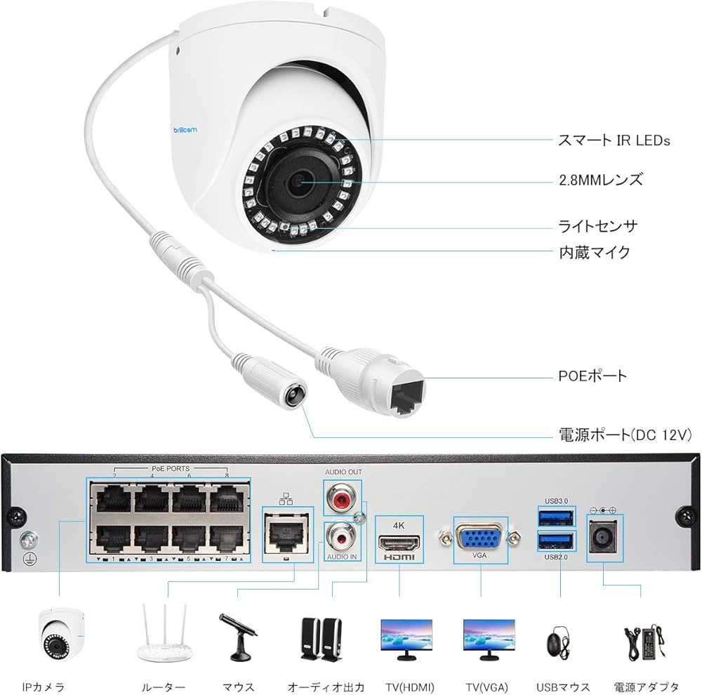 Amazon.co.jp: Brillcamドーム型防犯カメラセット 4K監視カメラ 800万