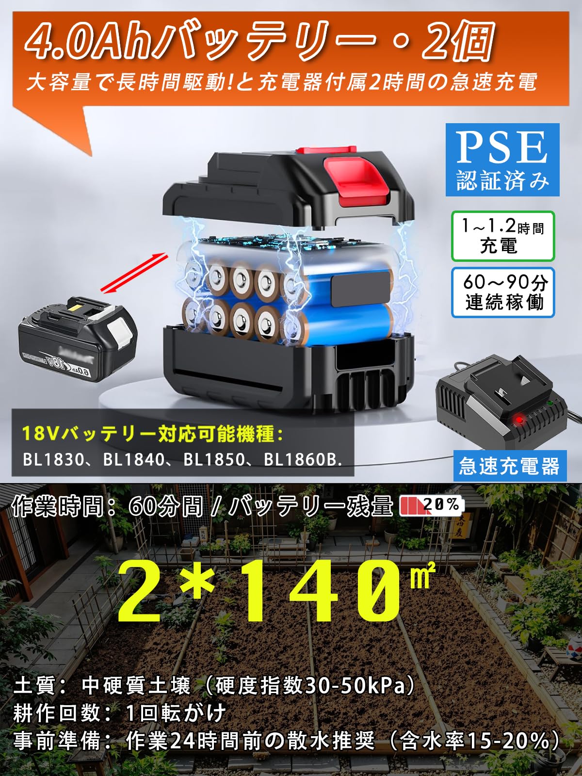 Amazon | 耕運機 家庭用 充電式耕うん機 (耕幅255mm/耕深220mm)2個4Ah