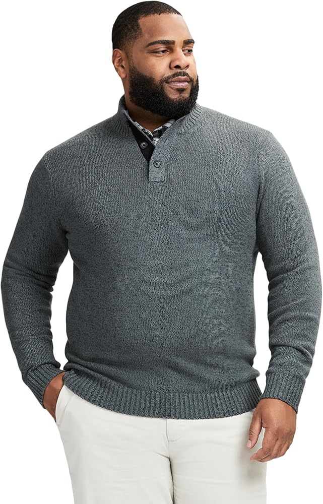 Izod Men's Big and Tall Button Mock Sweater, Iron Gate, 3X-Large