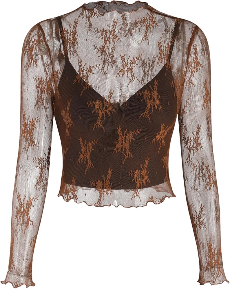 CIDER Women's Mesh Lace Floral Long Sleeve See Through Mock Neck