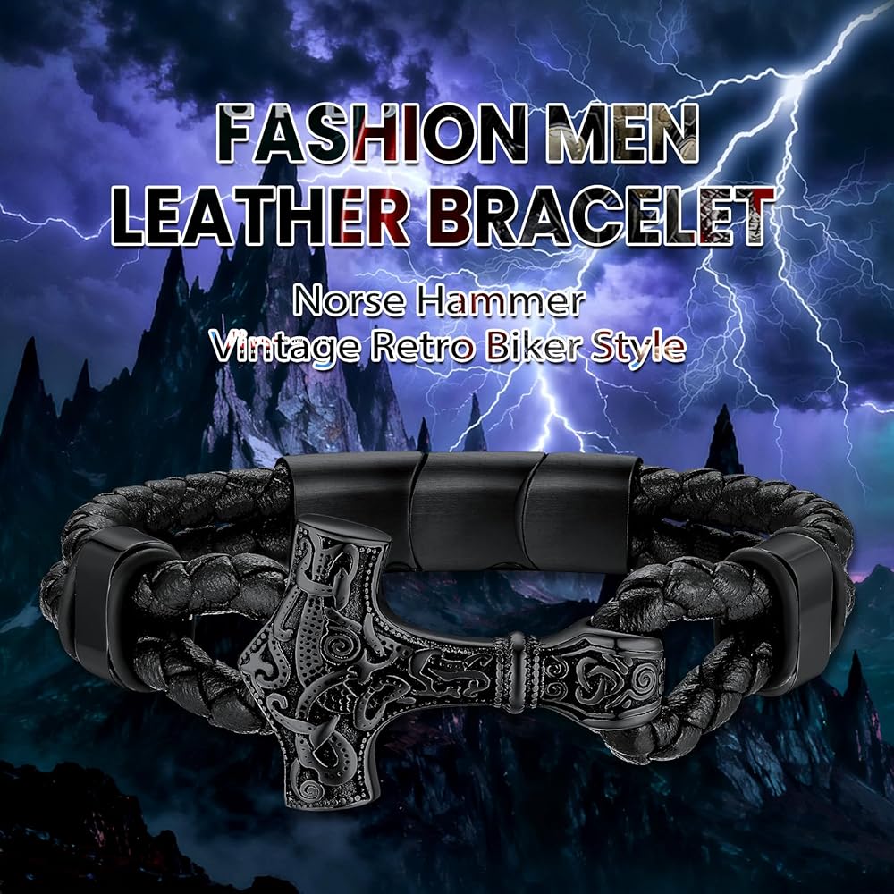 Amazon.com: Bestyle Thick Black Men Leather Bracelets Viking Norse