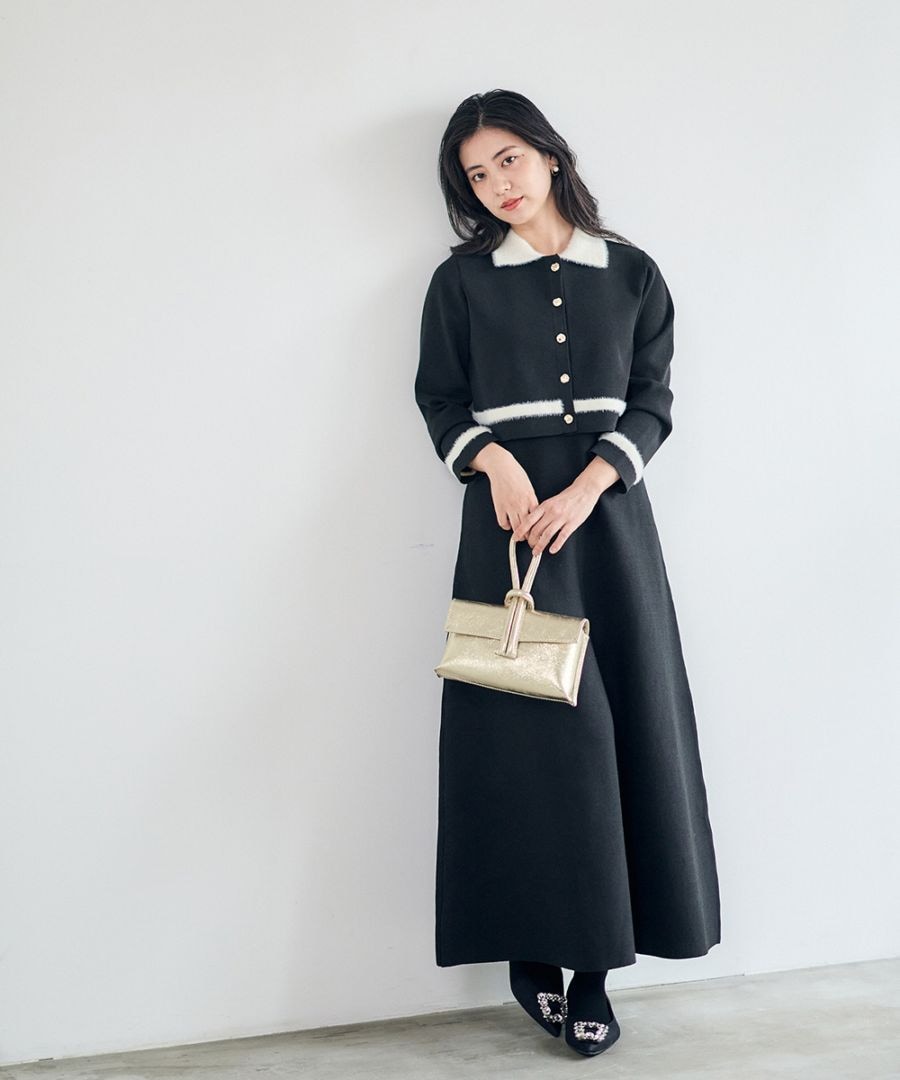 SALE】シャギー衿ニットワンピース×ノーカラーカーディガンセット