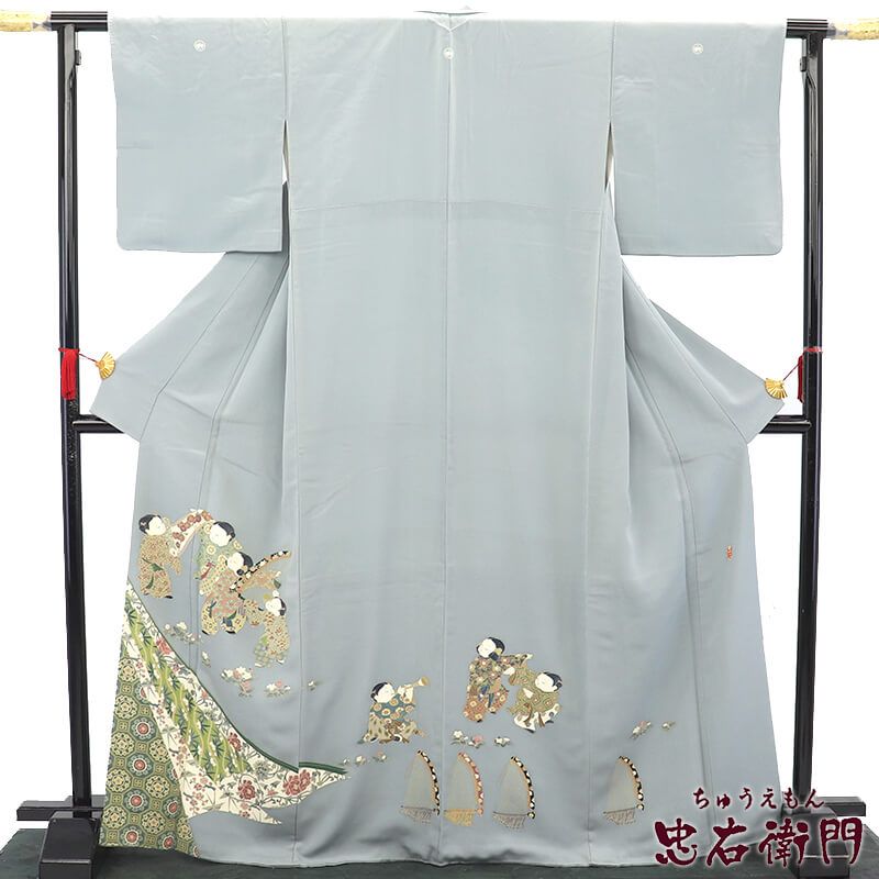 中古】 色留袖 三つ紋 丸に根笹 袷 レディース 正絹 灰水色 童子 楽器