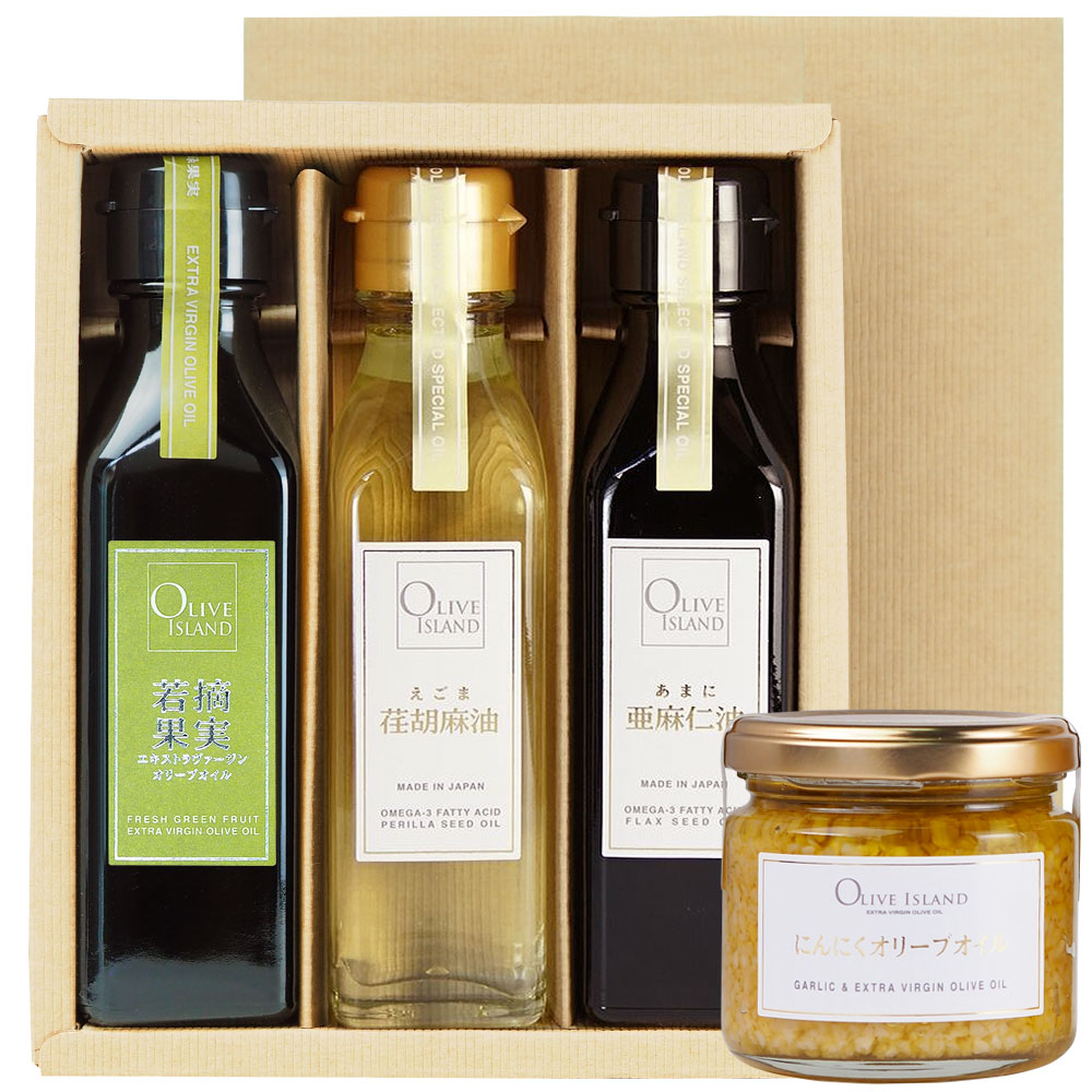 BOX入り調味料ギフトセット 若摘果実EXVオリーブオイル・荏胡麻油