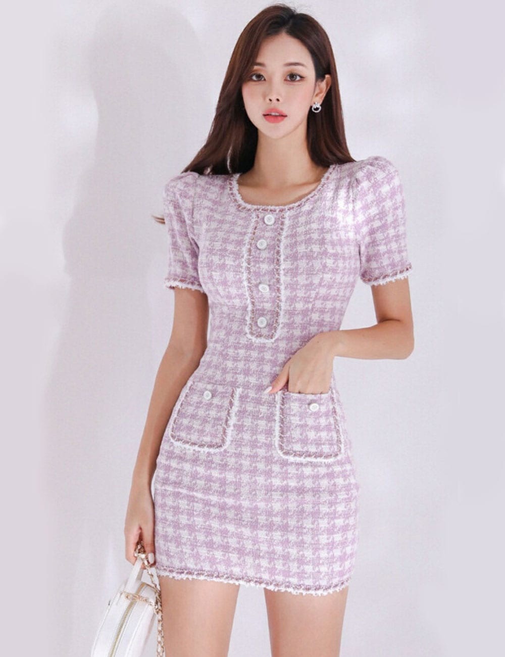 AIDMAX】ミニ/ドレス/ワンピース/タイト/ピンク/ポケット/千鳥柄/半袖