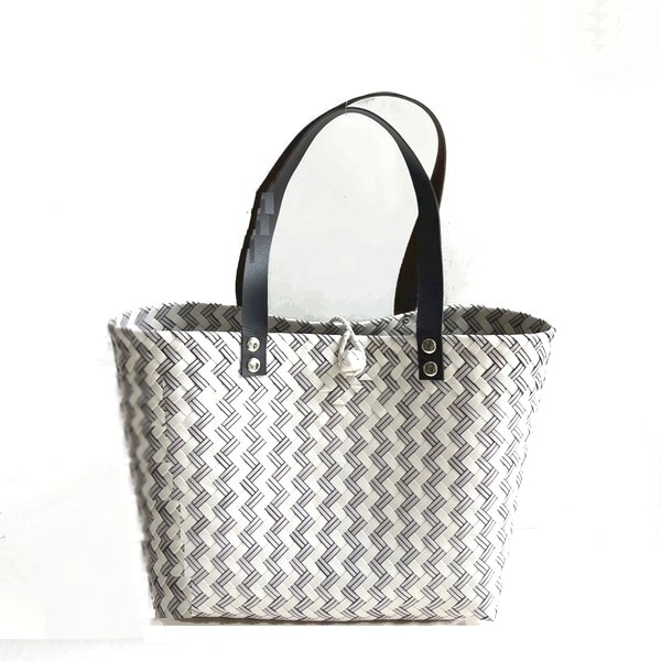 PPバッグ プラかごバッグ PPハンドバッグ【ホワイト×グレー】【留め具