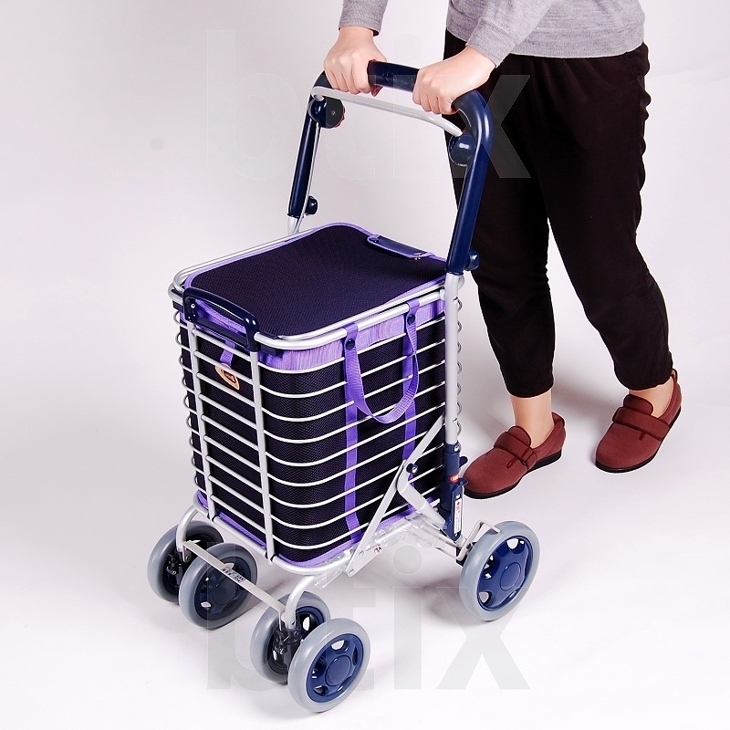 超売れ筋】ブレーキ付きアルミワイヤーカート メッシュ紺 ｜ シルバー