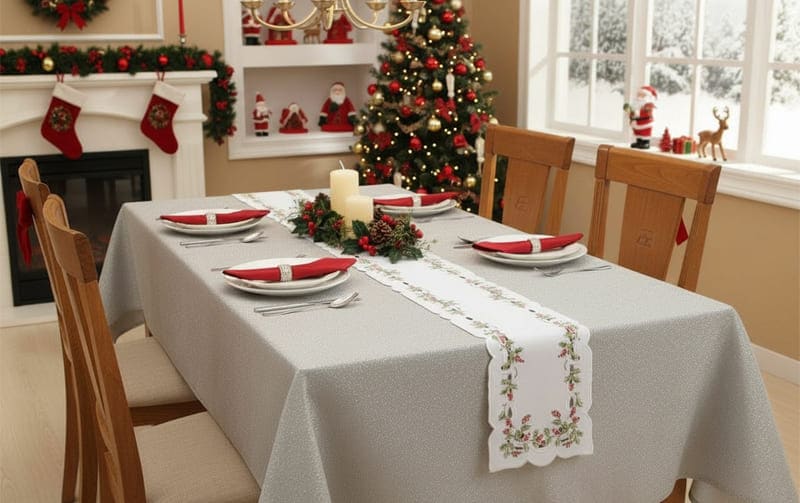 Xmas テーブルランナー ヒイラギ刺繍 約20×160cm｜インテリアレース