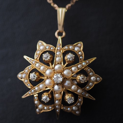 15金 天然ダイヤモンド シードパール 北極星ブローチ ペンダント
