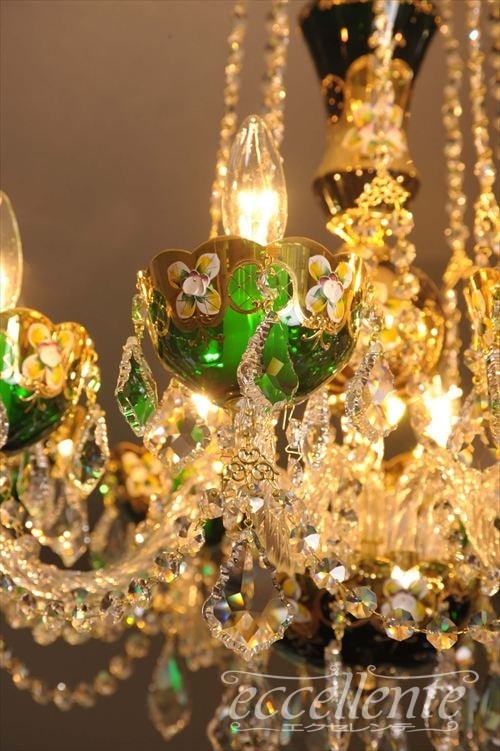 チェコ製 ボヘミアクリスタル シャンデリア 8灯 green+gold｜Bohemian