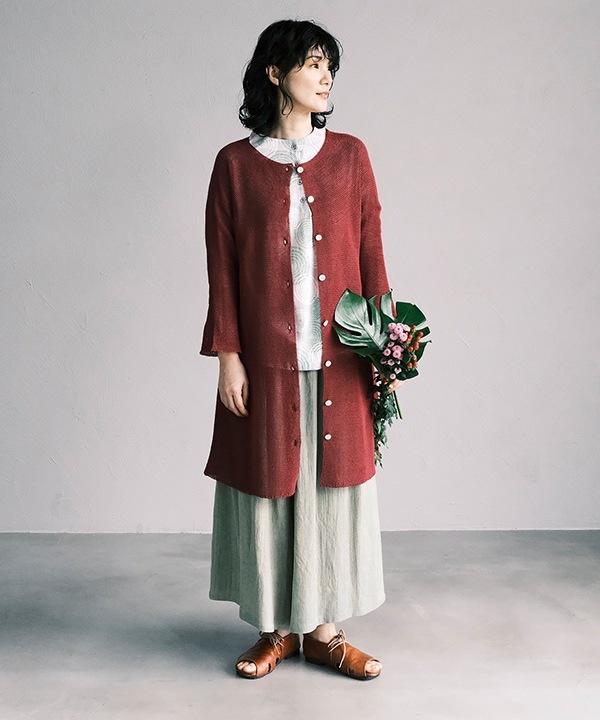 30%OFF】しゃりっと和紙ホールガーメントニットロングカーディガン