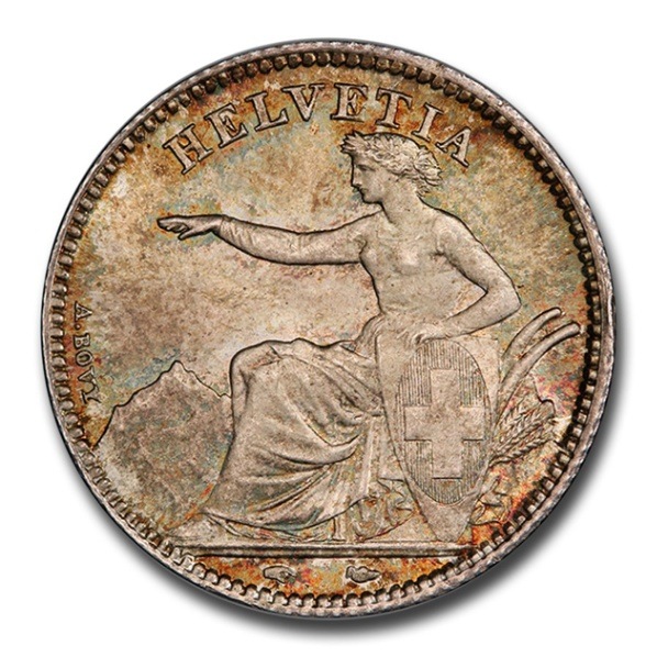 1850年 スイス ヘルヴェティア 1フラン 銀貨 パリ造幣局 ヘルベティア