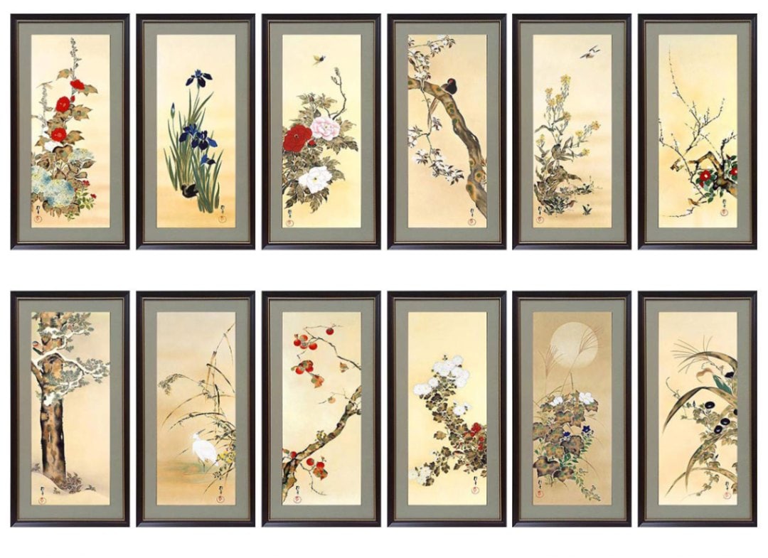 酒井抱一 「十二か月花鳥図」 額装 12点セット 複製名画 レプリカ