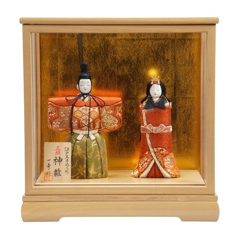木目込み雛人形】立雛 寿々喜雛 龍村織 親王揃いガラスケース飾り
