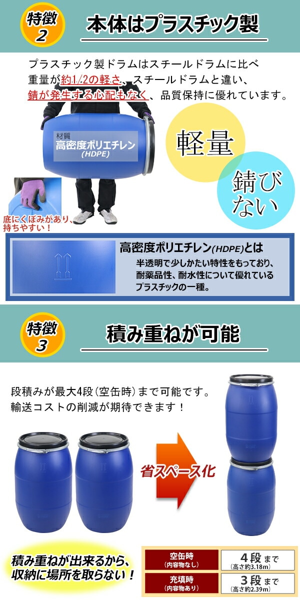 ドラム缶,プラスチックドラム,UN認定付き,120L,オープンタイプ,1個