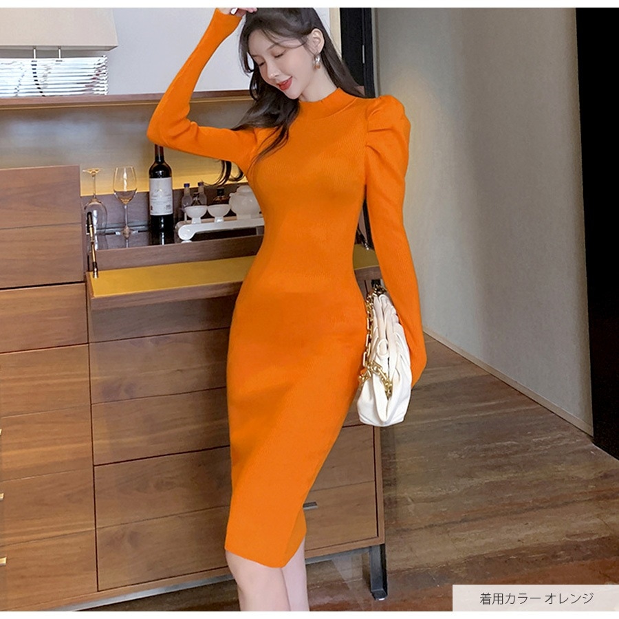 ニットワンピース タイト パフショルダー パワーショルダー 長袖 プチ