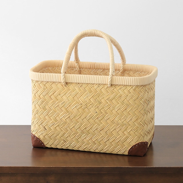 スズ竹市場かご(岩手県鳥越竹細工/籐ハンドル/ミニサイズ/レザー底あて