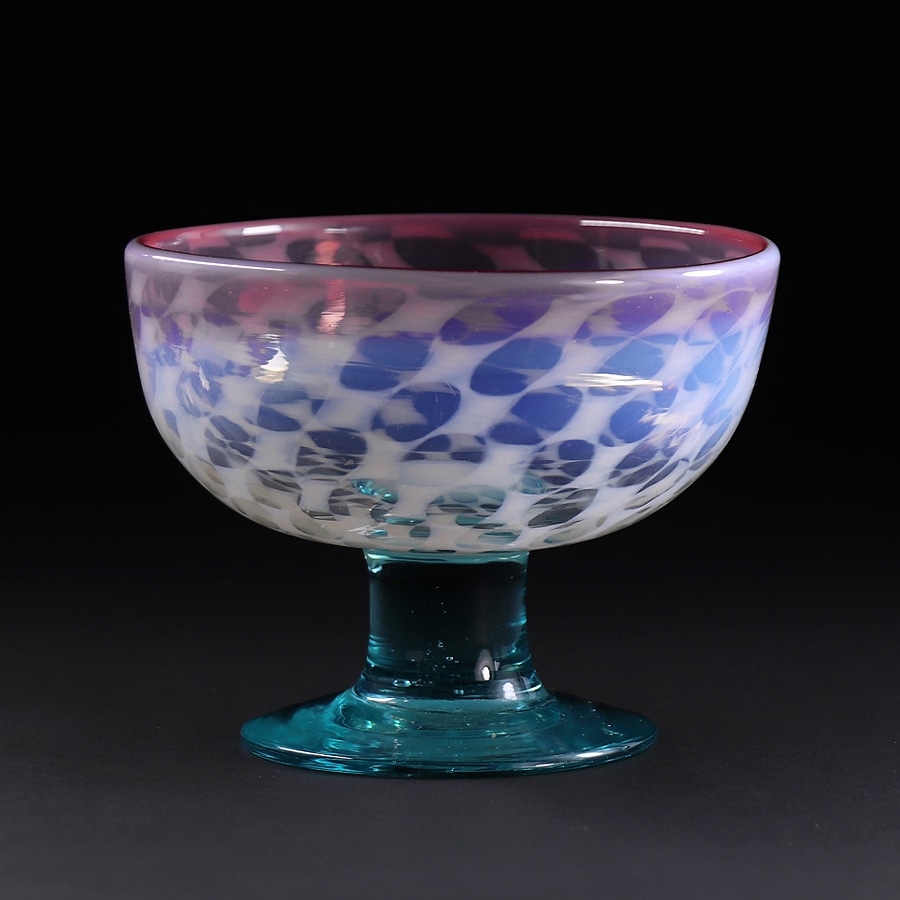 大正時代 三色赤縁 乳白水玉模様 青足 碗形氷コップ