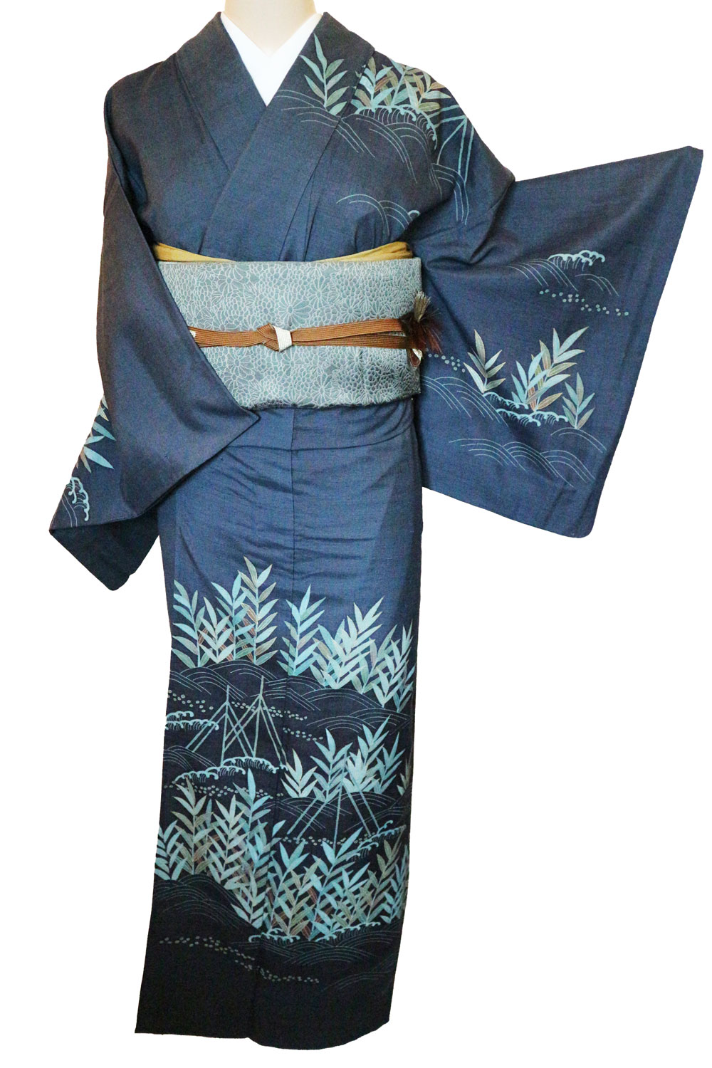 正絹単衣紬訪問着 レンタルフルセット「友禅 ぼかしに波と葉