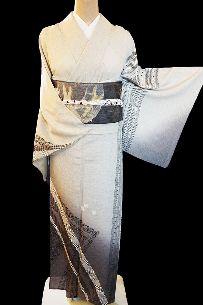 正絹夏訪問着レンタルフルセット「縞と斜め取り波幾何学」 | レンタル