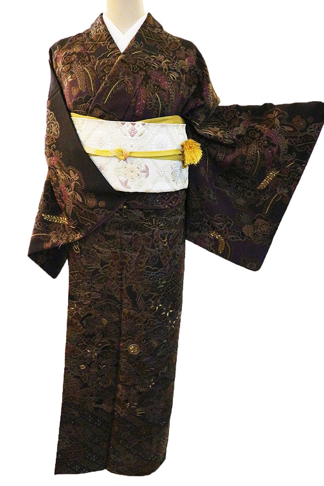 正絹訪問着 レンタルフルセット「総柄刺繍 波に鶴と辻が花に四季の花