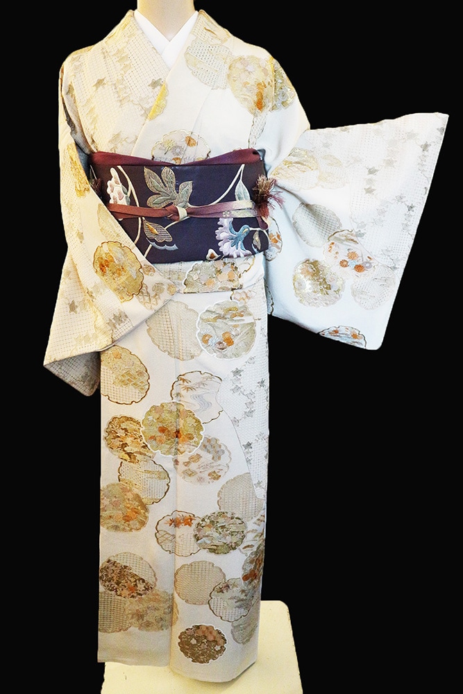 正絹訪問着 レンタルフルセット「総柄汕頭刺繍 雪輪に小花