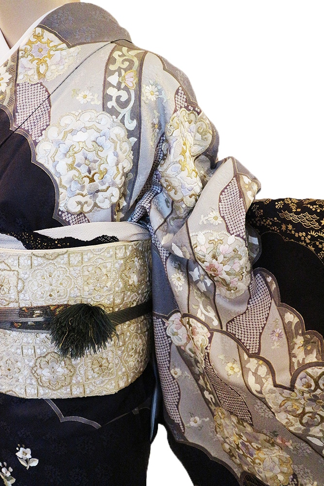 正絹訪問着 レンタルフルセット「汕頭蘇州刺繍 雲取りに道長華紋