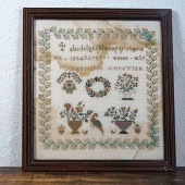 フランス アンティーク 赤糸&白糸 サンプラー 刺繍 ガラス入り 額入り