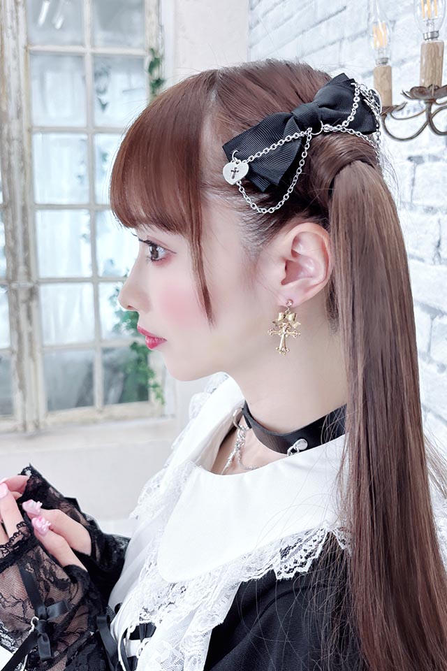 MA*RS】クロスハート×チェーンりぼん2個SETクリップ - ブラック size-F