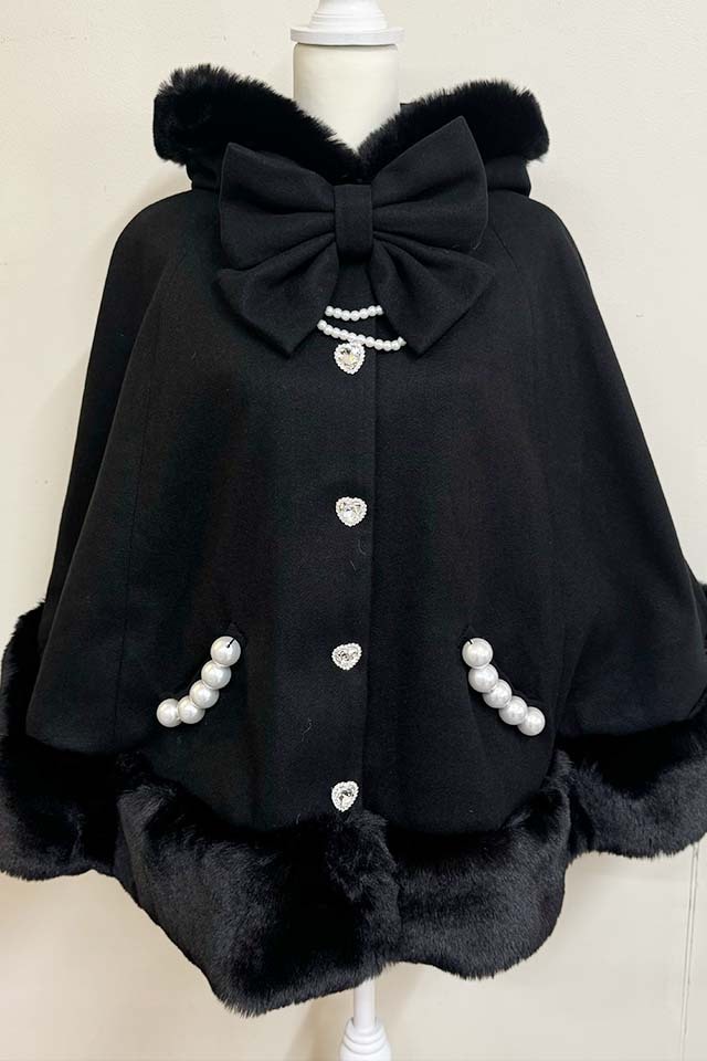 Princess Melody】リボン付きボリュームファーフードケープコート